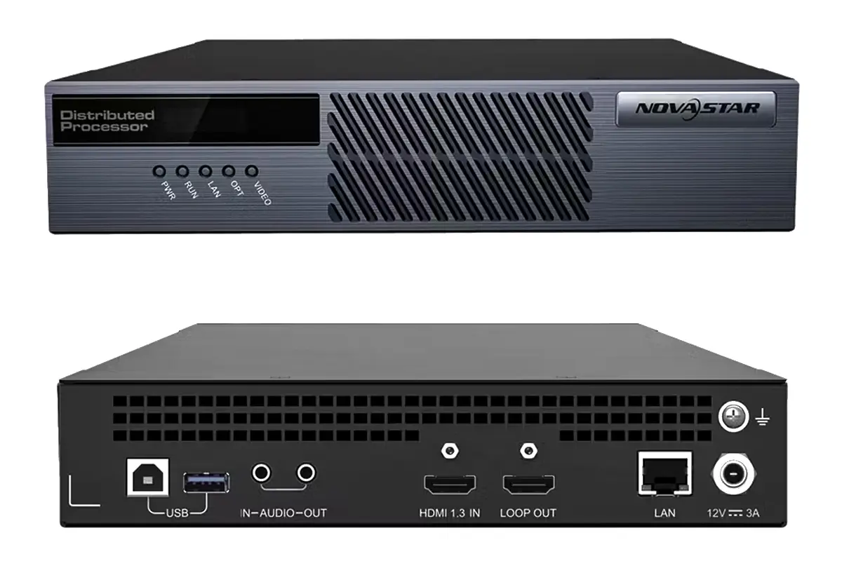 Novastar MG200 ENCODER | Encodeur Vidéo sur IP 2K vue de face, processeur vidéo led en fonctionnement
