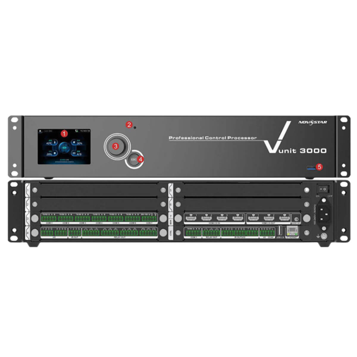 Novastar Vunit 3000 | Processeur de Contrôle Centralisé Modulaire vue de face, processeur de contrôle en fonctionnement