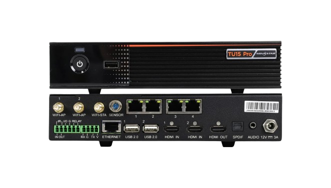 NovaStar TU15 Pro (Player vidéo LED 4K x 2K - 4 Sorties RJ45) front view, led multimedia player running content