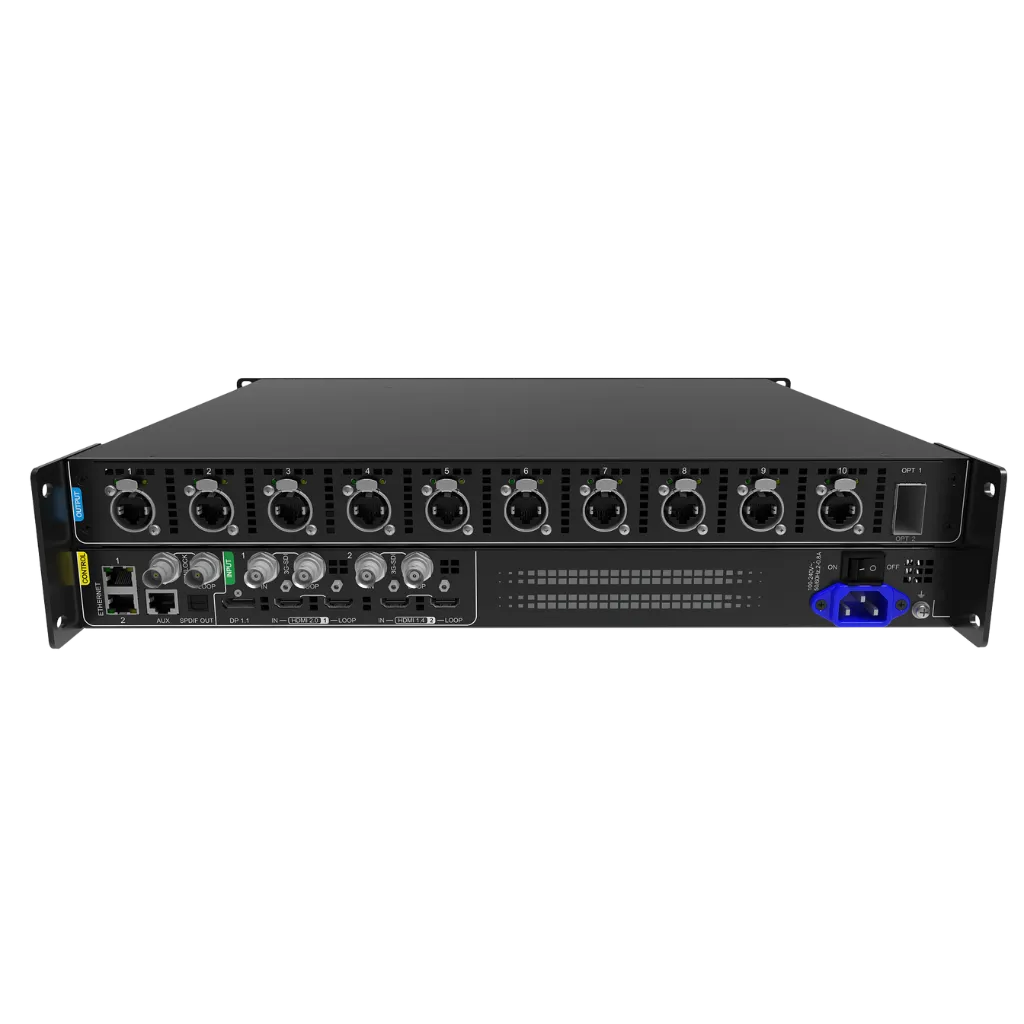 Novastar MX30 | Contrôleur LED Tout-en-Un 4K HDR | 6,5 Millions de Pixels front view, led video processor running content