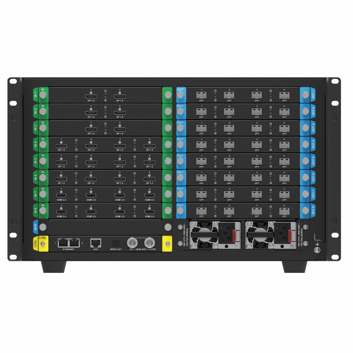 MX SERIES 1X ST2110 (25G) CARD | Carte d'Entrée Broadcast IP 25G Novastar MX front view, led video processor running content