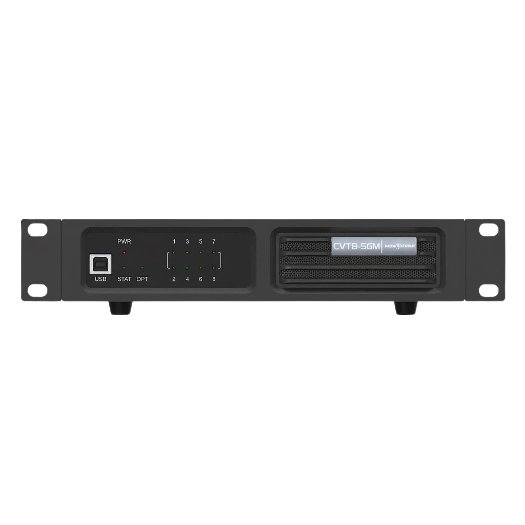 Novastar CVT8-5GS | Convertisseur Fibre Optique 8 Ports | Extension Longue Distance vue de face, convertisseur vidéo led en fonctionnement