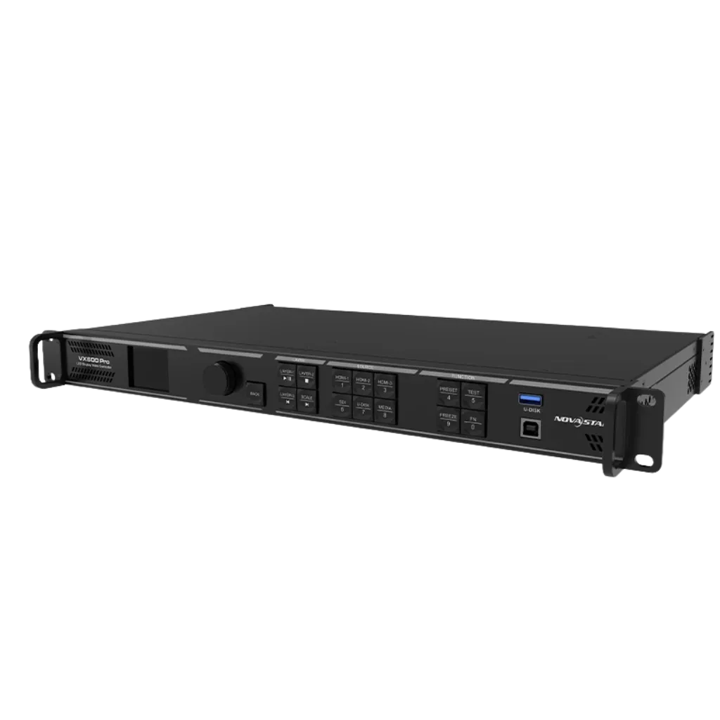 NOVASTAR VX600 PRO | Contrôleur LED Tout-en-Un 4K HDR | 3,9 Millions de Pixels front view, led video processor running content