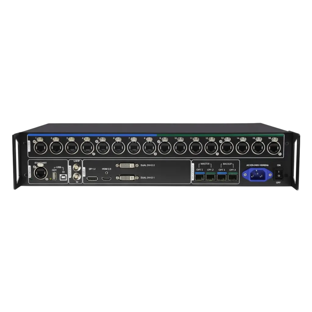 NOVASTAR MCTRL4K | Contrôleur d'Envoi 4K | 8,8 Millions de Pixels & Fibre Optique vue de face, processeur vidéo led en fonctionnement