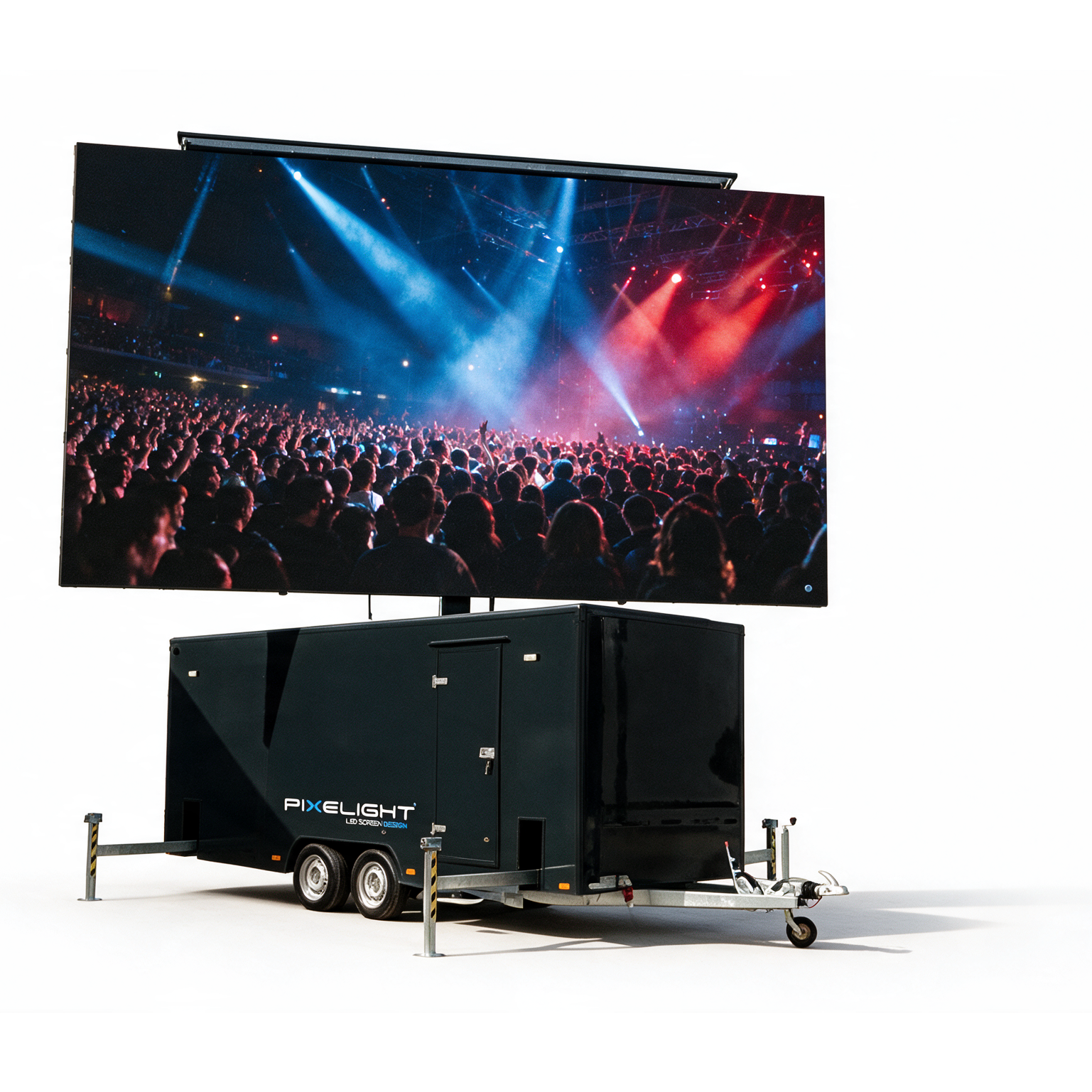 MOBISCREEN 28 — Écran LED mobile sur remorque 28 m² | Pixelight vue de face, camion led mobile en fonctionnement