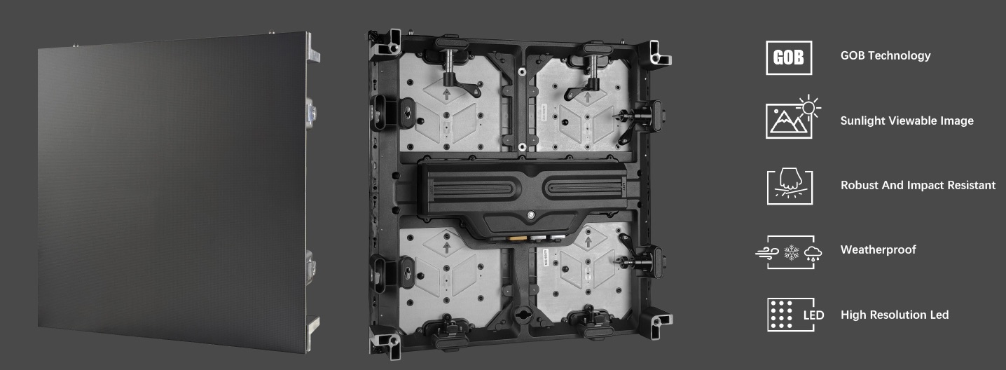 LEDMATRIX 1.9 INDOOR - FINITION GOB - IP66 - Black Face front view, outdoor led screen running content