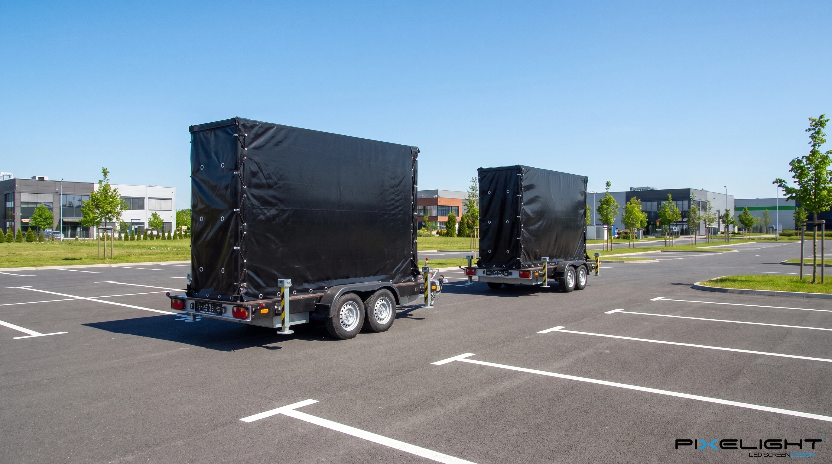 StageScreen 12 – Écran LED mobile compact sur remorque | Pixelight vue de face, camion led mobile en fonctionnement
