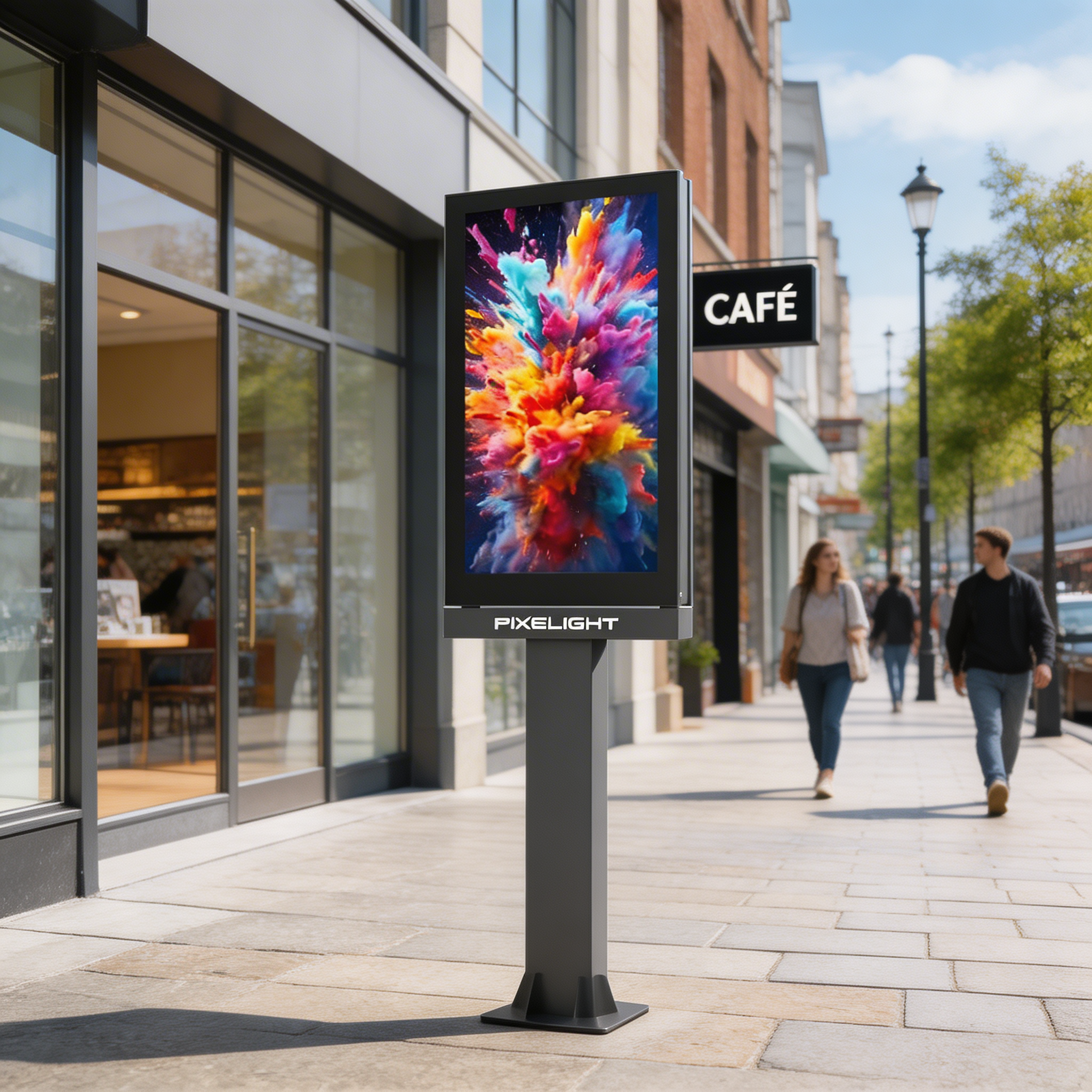 MEDIACITY 2V DUAL - P2.9 - Mobilier urbain double face - Totem Vidéo LED pour Publicité et Communication front view, digital street furniture running content