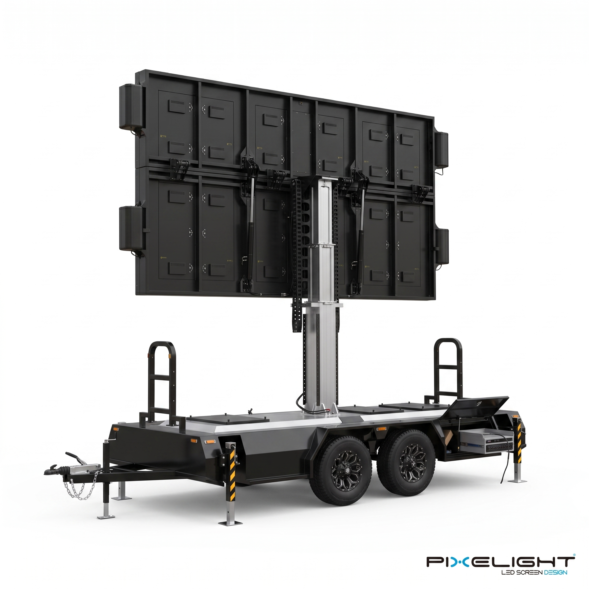 StageScreen 10 – Écran LED mobile compact sur remorque | Pixelight vue de face, camion led mobile en fonctionnement