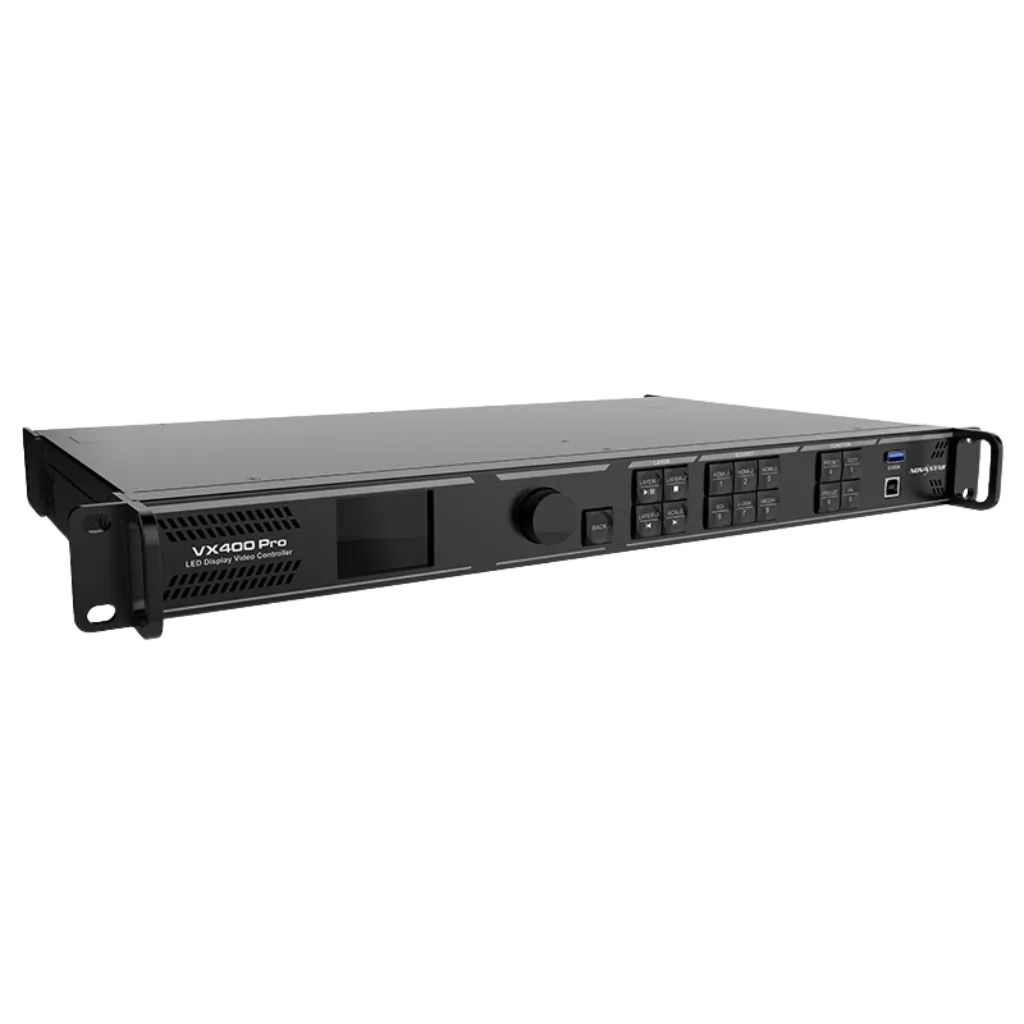 NOVASTAR VX400 PRO | Contrôleur LED Tout-en-Un 4K | 2,6 Millions de Pixels front view, led video processor running content