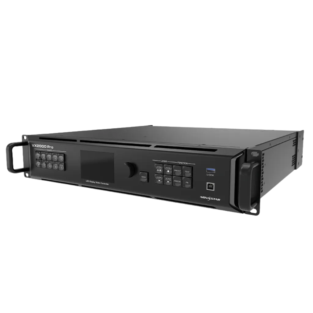 NOVASTAR VX2000 PRO | Contrôleur LED Tout-en-Un 4K | 13 Millions de Pixels vue de face, processeur vidéo led en fonctionnement