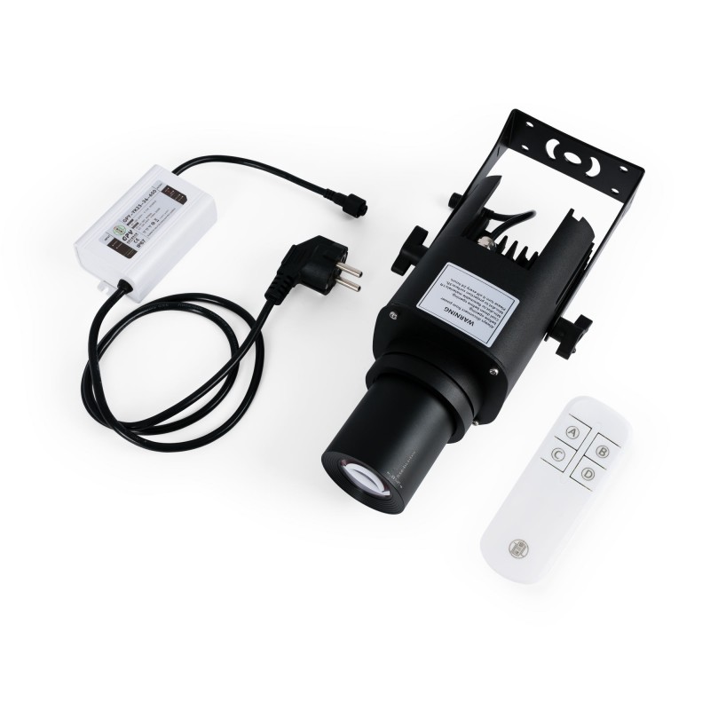 Projecteur de logo LED GOBO 20W rotatif extérieur - Optique 20° - IP65 front view, gobo logo projector running content