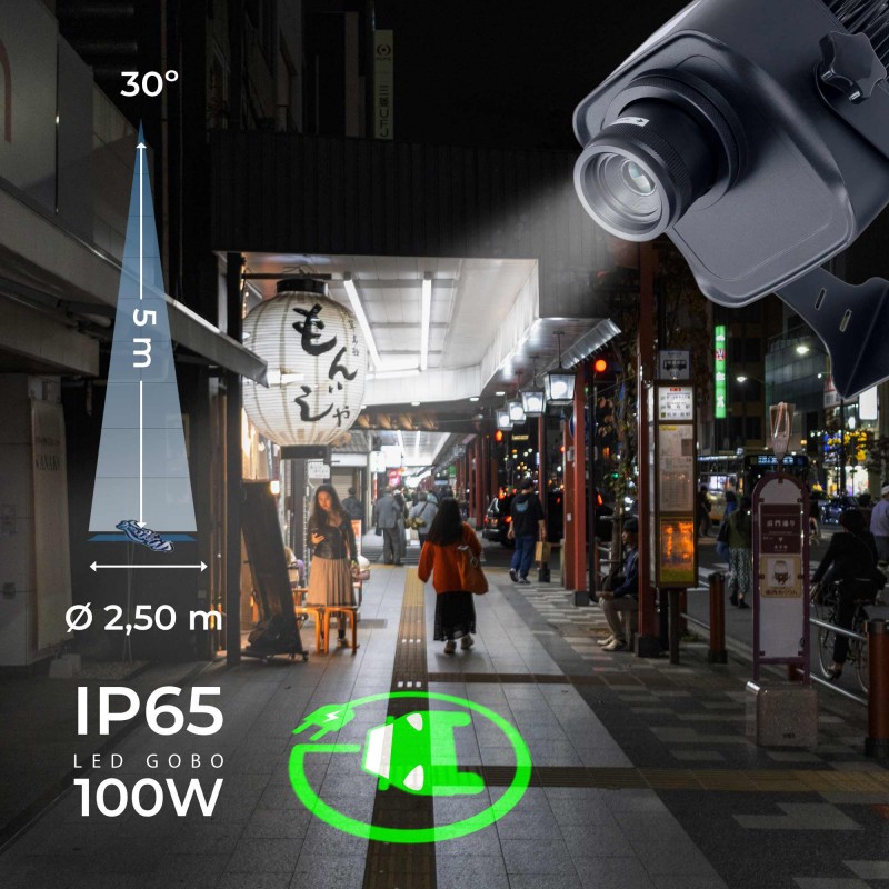 Projecteur GOBO LED 100W - Optique 30° - Extérieur - Orientable front view, gobo logo projector running content
