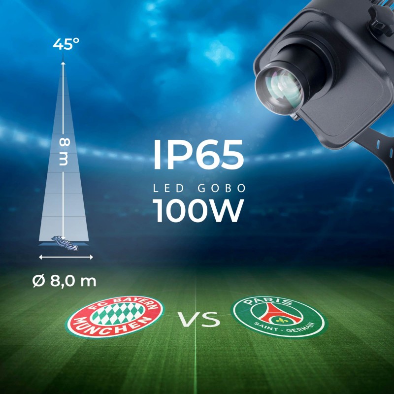 Projecteur GOBO LED 100W - Optique 45° - Extérieur - Orientable front view, gobo logo projector running content