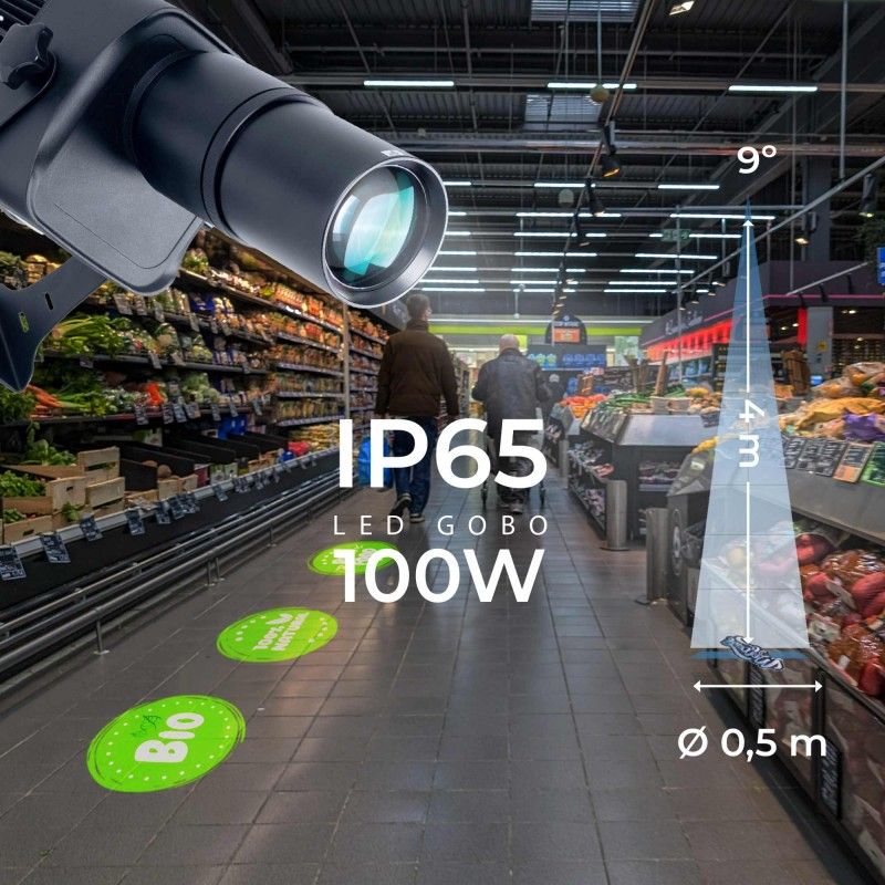 Projecteur GOBO LED 100W - Optique 9° - Extérieur - Orientable front view, gobo logo projector running content