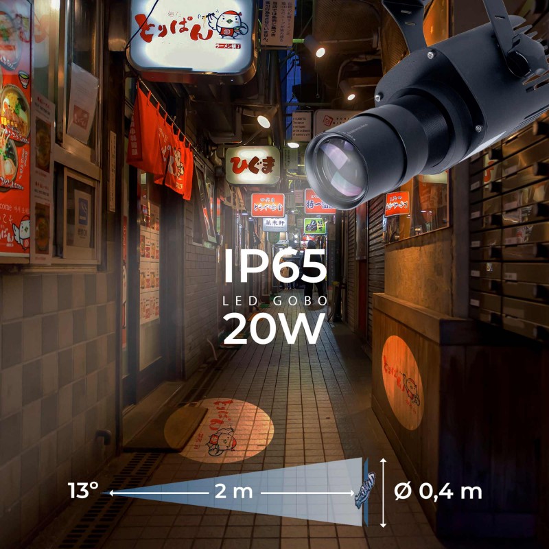 Projecteur GOBO LED 20W - Optique 13° - Extérieur - Orientable front view, gobo logo projector running content