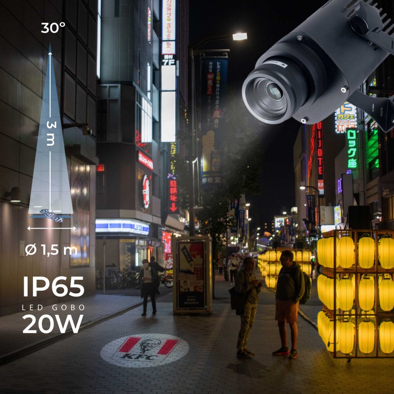 Projecteur GOBO LED 20W - Optique 30° - Extérieur - Orientable front view, gobo logo projector running content
