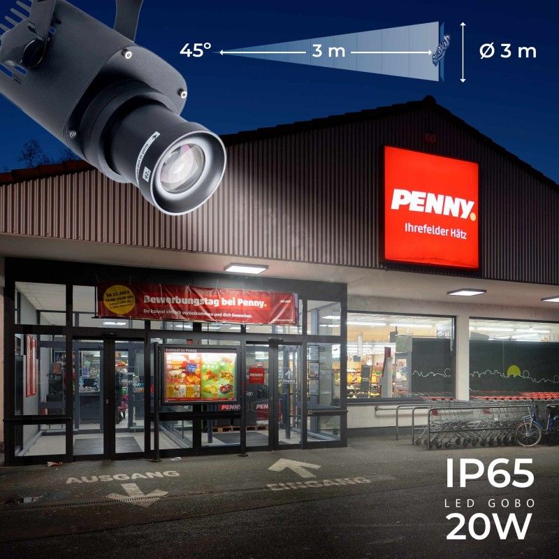 Projecteur GOBO LED 20W - Optique 45° - Extérieur - Orientable front view, gobo logo projector running content