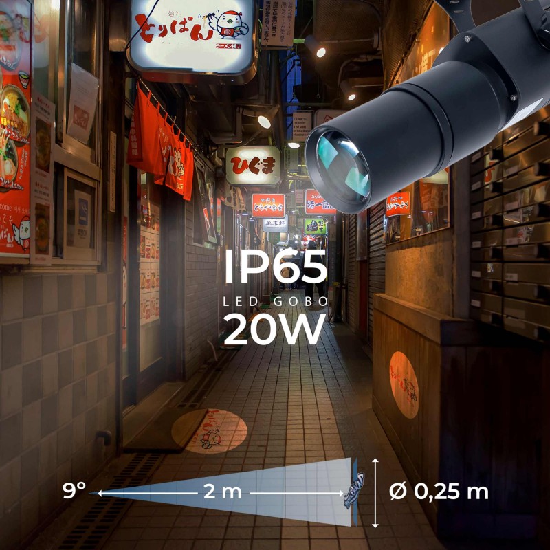 Projecteur GOBO LED 20W - Optique 9° - Extérieur - Orientable front view, gobo logo projector running content