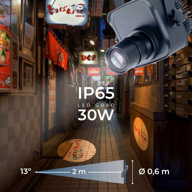 Projecteur GOBO LED 30W - Optique 13° - Extérieur - Orientable front view, gobo logo projector running content