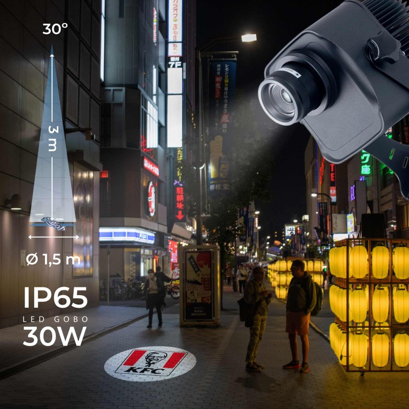 Projecteur GOBO LED 30W - Optique 30° - Extérieur - Orientable front view, gobo logo projector running content
