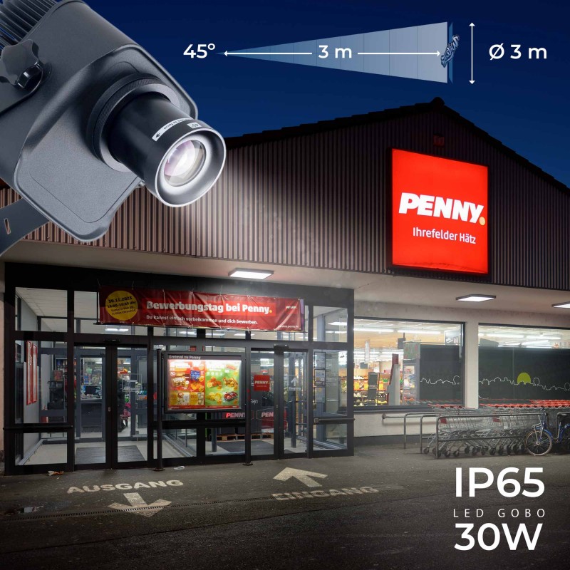 Projecteur GOBO LED 30W - Optique 45° - Extérieur - Orientable front view, gobo logo projector running content