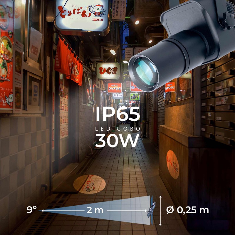 Projecteur GOBO LED 30W - Optique 9° - Extérieur - Orientable front view, gobo logo projector running content