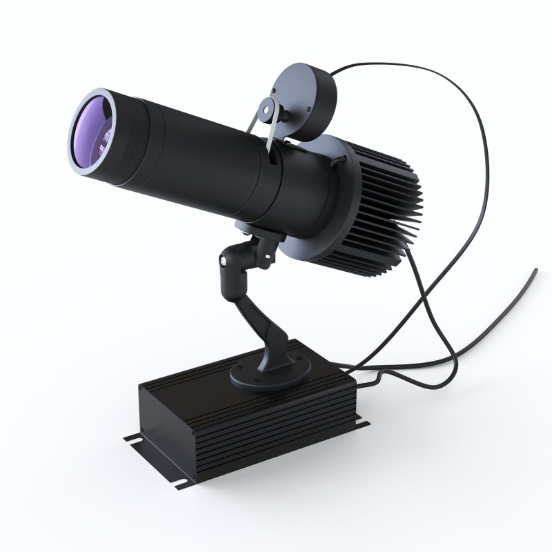 Projecteur GOBO LED 30W rotatif intérieur - Optique 20° - IP40 front view, gobo logo projector running content