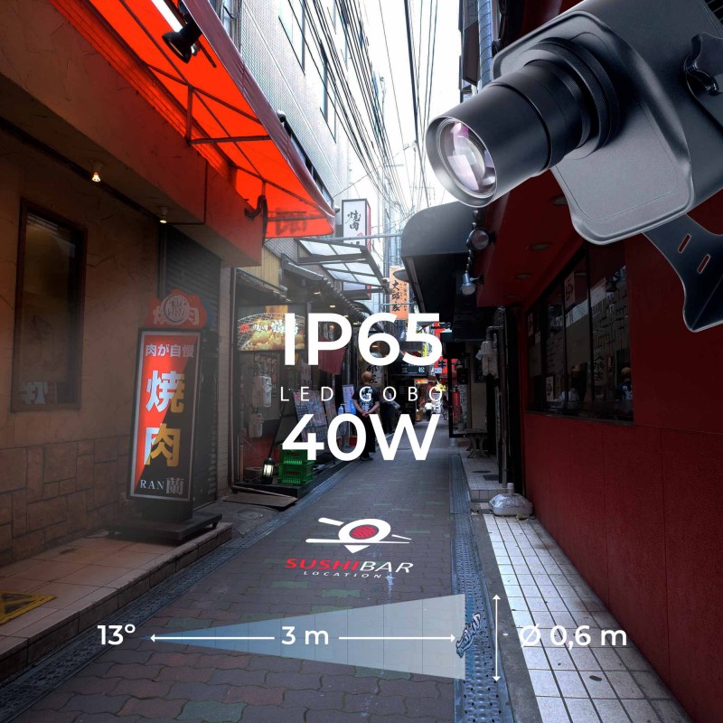 Projecteur GOBO LED 40W - Optique 13° - Extérieur - Orientable front view, gobo logo projector running content