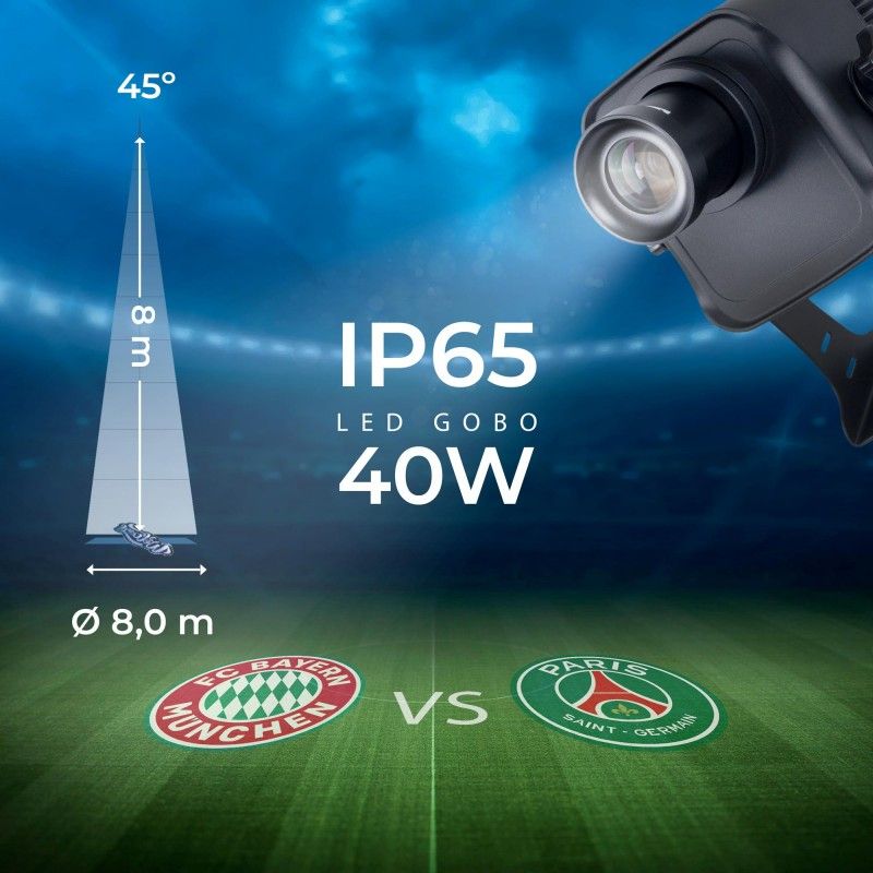 Projecteur GOBO LED 40W - Optique 45° - Extérieur - Orientable front view, gobo logo projector running content