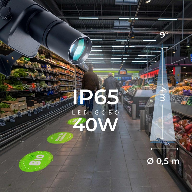 Projecteur GOBO LED 40W - Optique 9° - Extérieur - Orientable front view, gobo logo projector running content